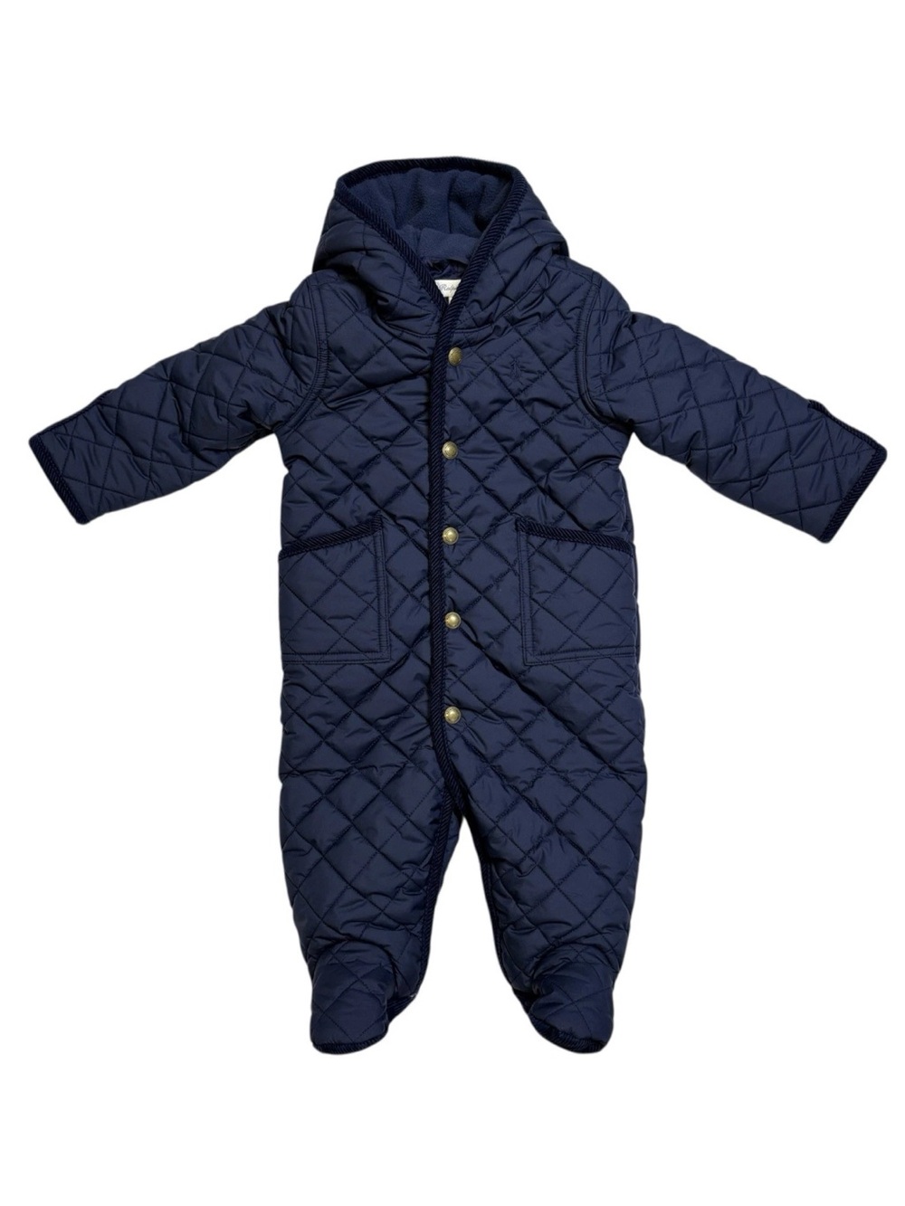 RALPH LAUREN Hooded Barn Bunting Baby Boy Sz 6M Navy Quilted $135 Snowsuit